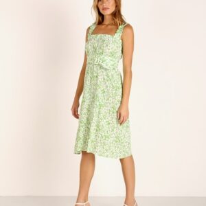 Closet Update Women's Lime Green Floral Midi Dress  Square Neck Smocked A-Line Sundress