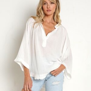 Closet Update Women's White Gauze Tunic Top Boho Ruffle Neck Long Sleeve Blouse